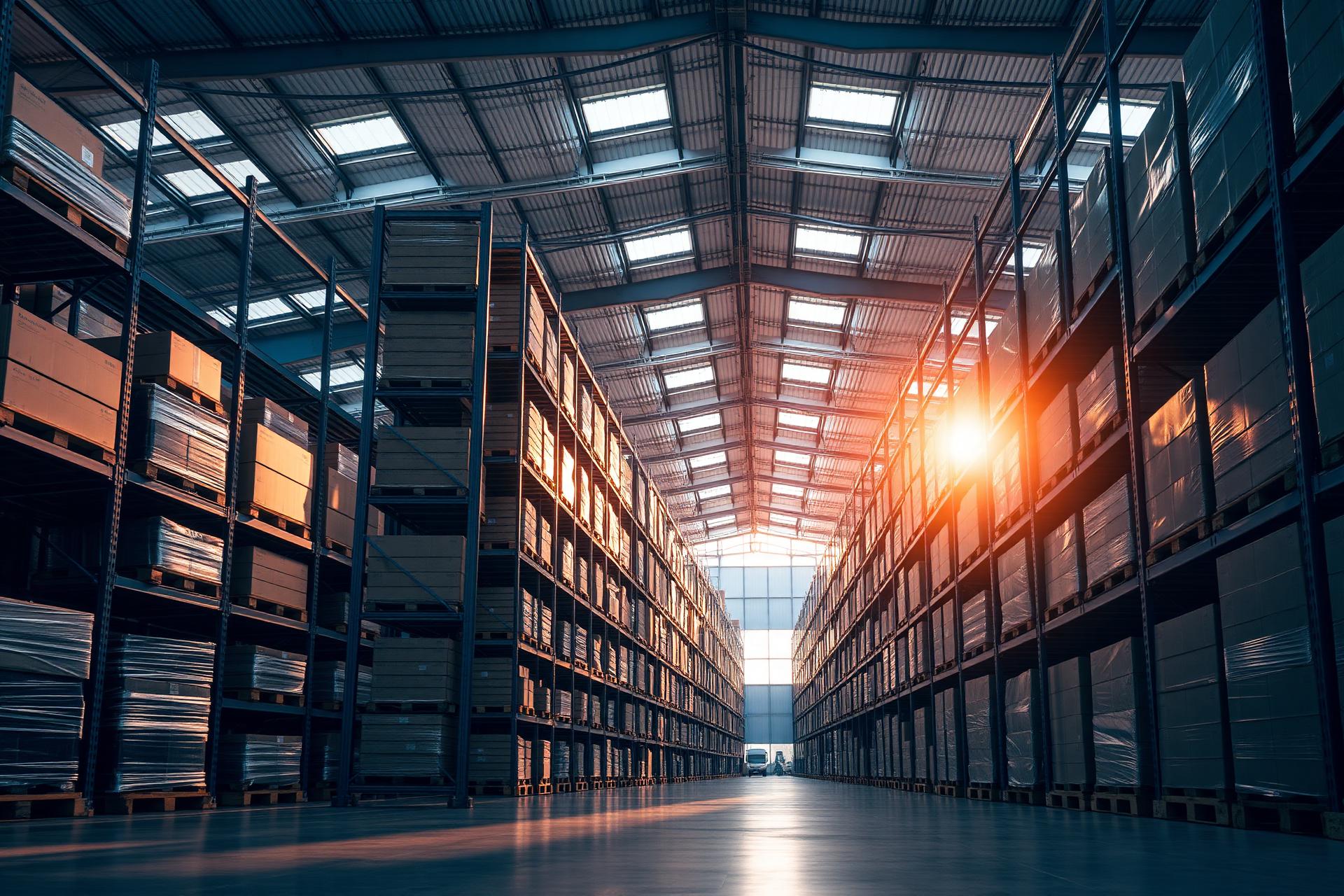 Modern UK distribution warehouse aisle with pallet racking